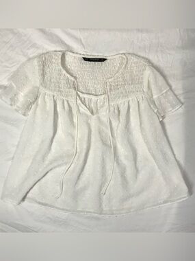 ZARA White Smocked Swiss Dot Peasant Blouse Boho Top